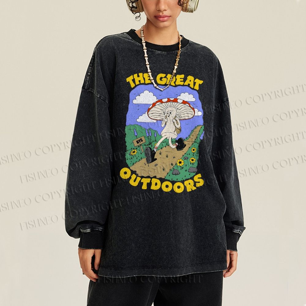 Unisex Casual Washed The Great Outdoors Printed Long Sleeve T-shirt