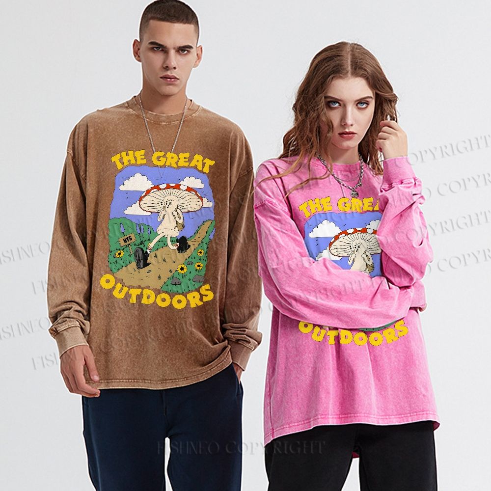 Unisex Casual Washed The Great Outdoors Printed Long Sleeve T-shirt