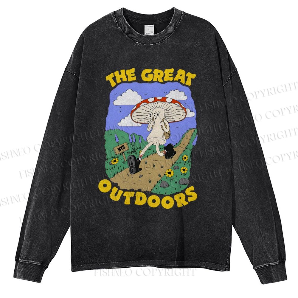 Unisex Casual Washed The Great Outdoors Printed Long Sleeve T-shirt