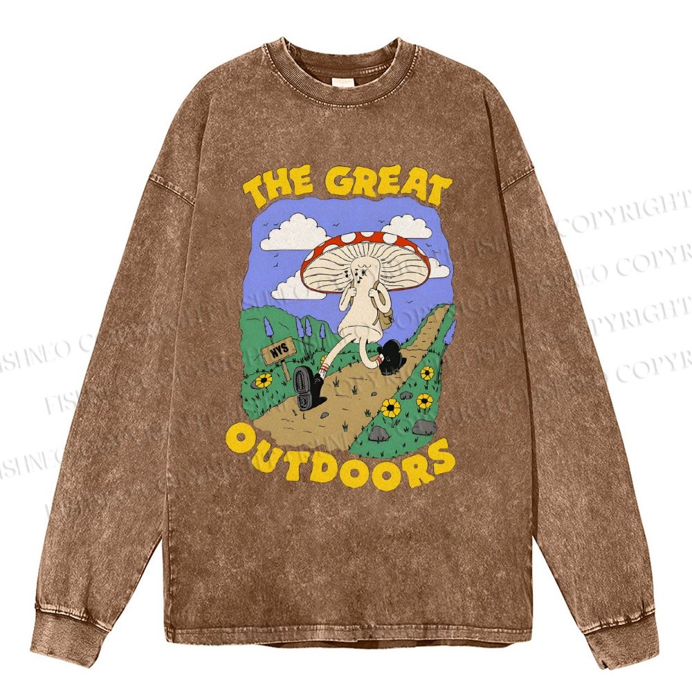 Unisex Casual Washed The Great Outdoors Printed Long Sleeve T-shirt
