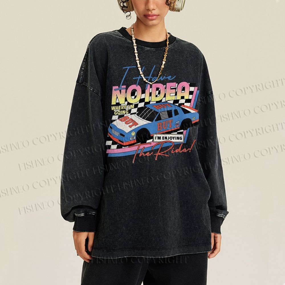Unisex Casual Washed Racing Printed Long Sleeve T-shirt