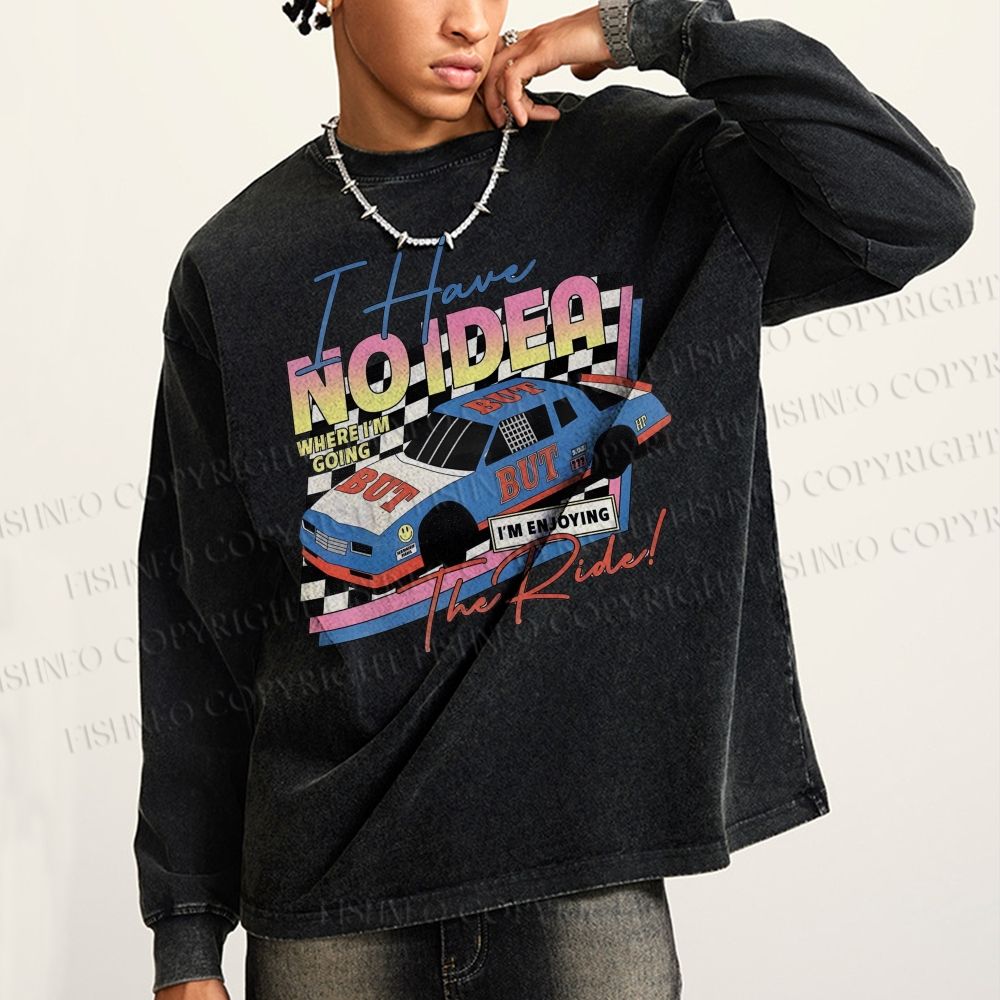Unisex Casual Washed Racing Printed Long Sleeve T-shirt