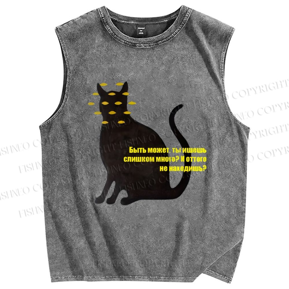 Unisex Artistic Eyes Cat Printed Washed Tank Top