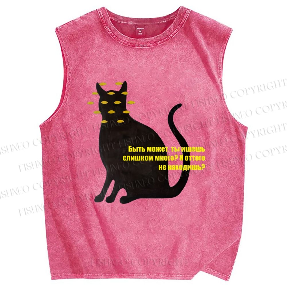 Unisex Artistic Eyes Cat Printed Washed Tank Top