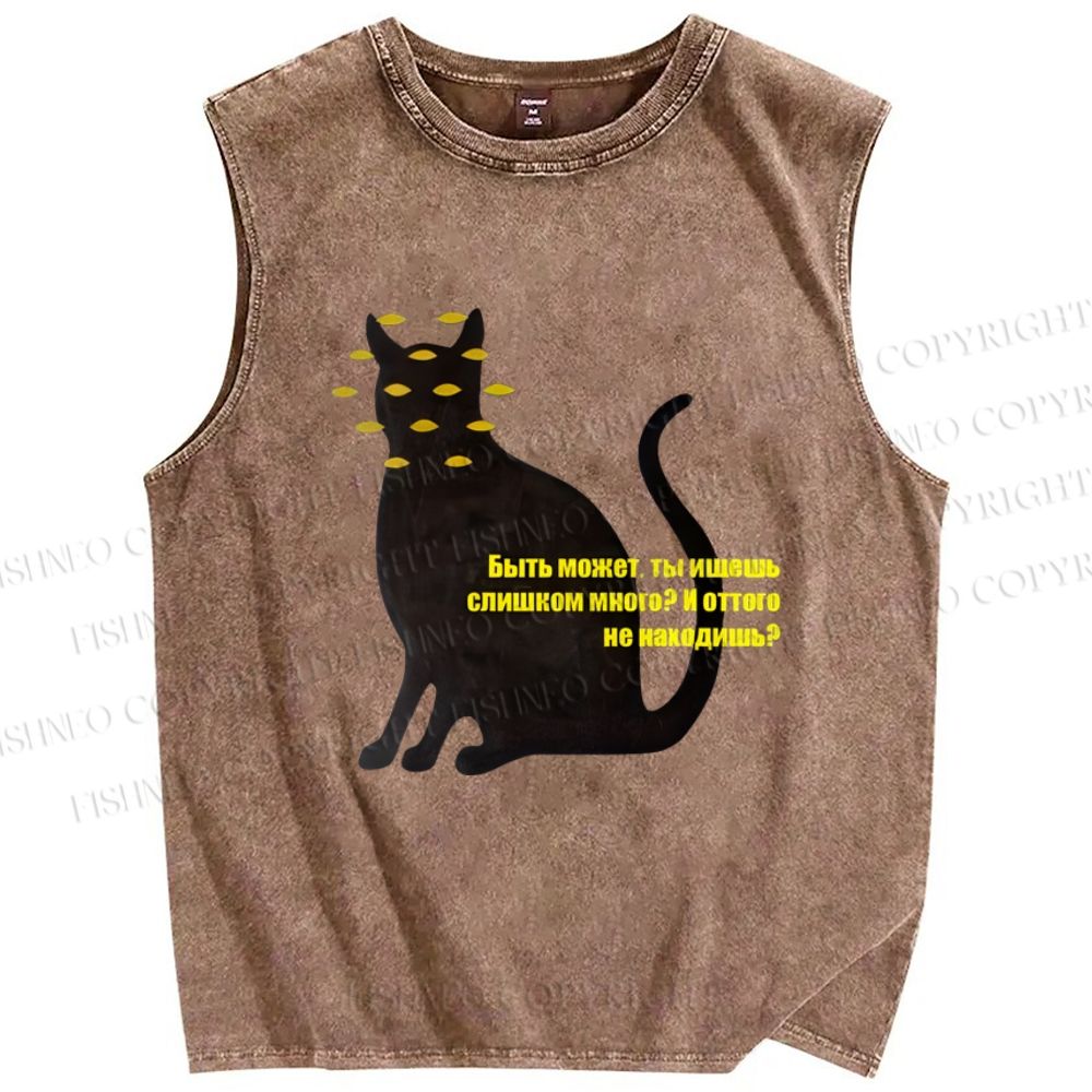 Unisex Artistic Eyes Cat Printed Washed Tank Top