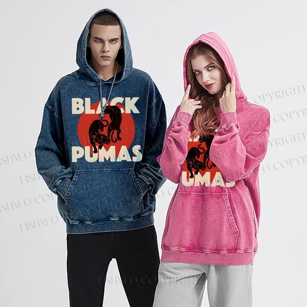 Unisex Casual Black Pumas Printed Washed Hoodie