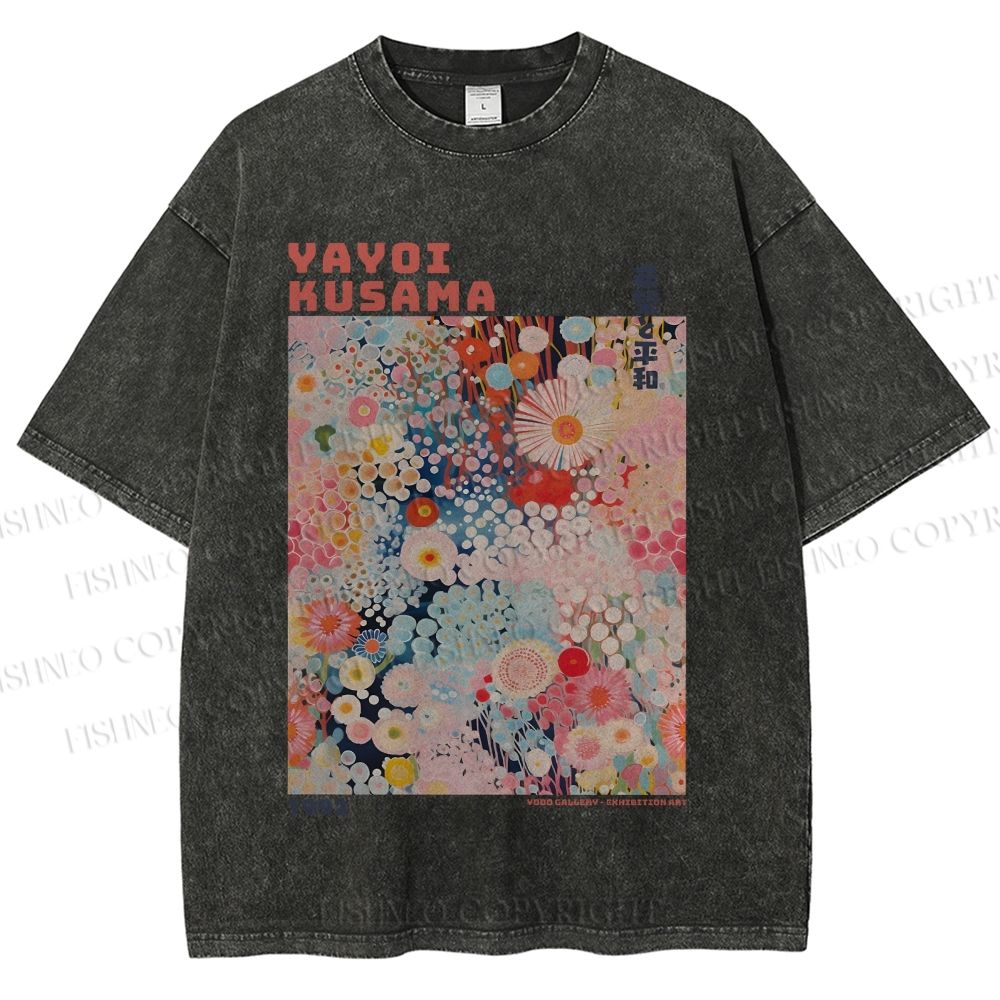 Unisex Japanese Flower Yayoi Kusama Printed Washed Tee