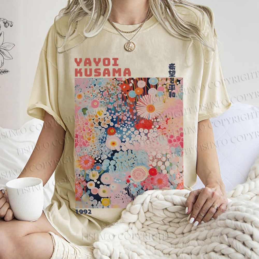 Unisex Japanese Flower Yayoi Kusama Printed Washed Tee