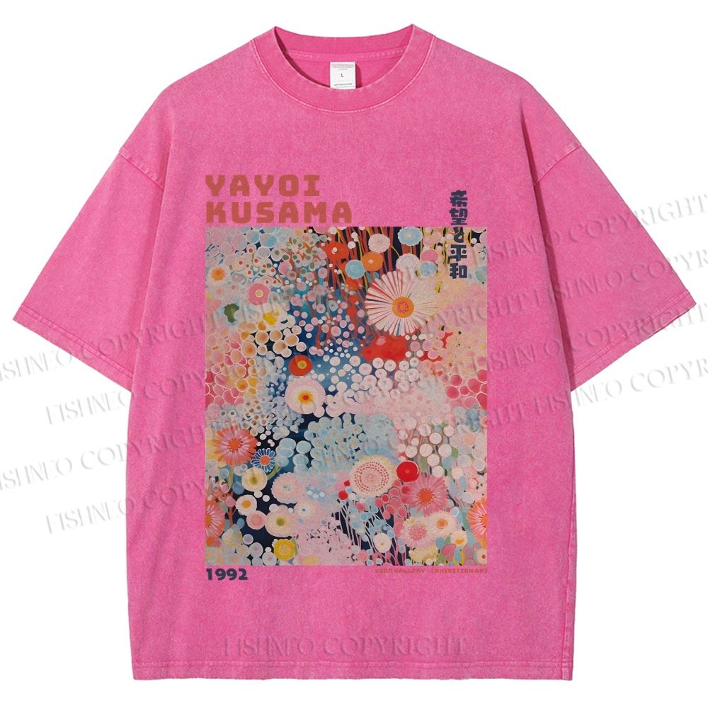 Unisex Japanese Flower Yayoi Kusama Printed Washed Tee