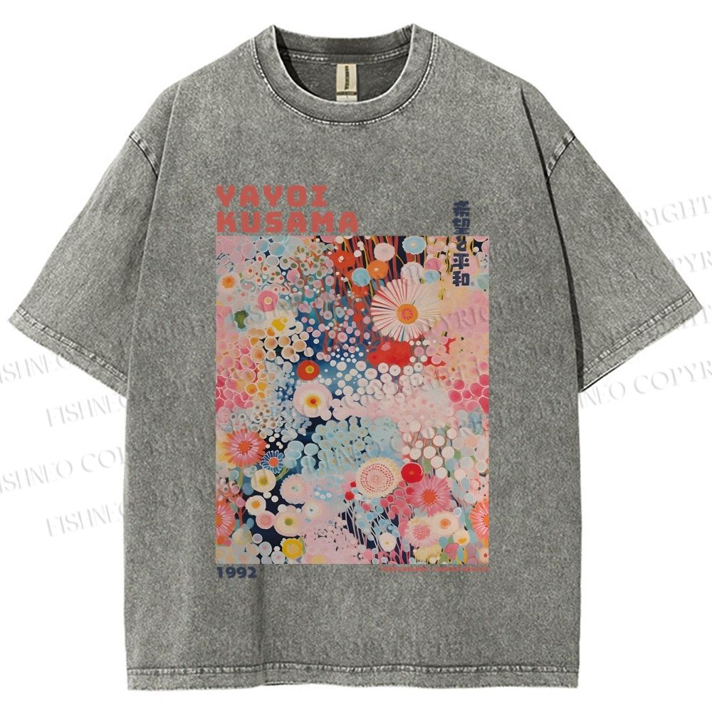 Unisex Japanese Flower Yayoi Kusama Printed Washed Tee