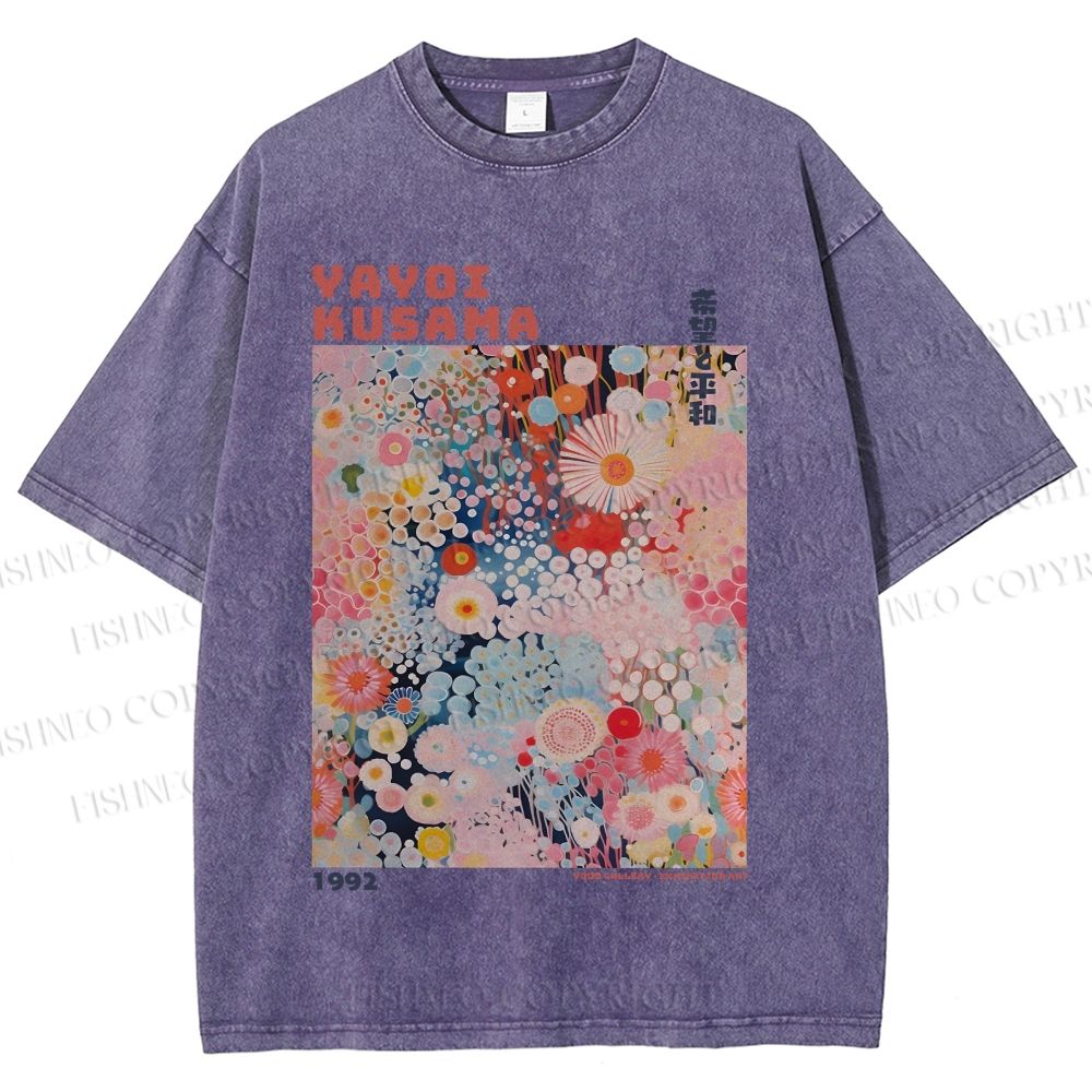 Unisex Japanese Flower Yayoi Kusama Printed Washed Tee