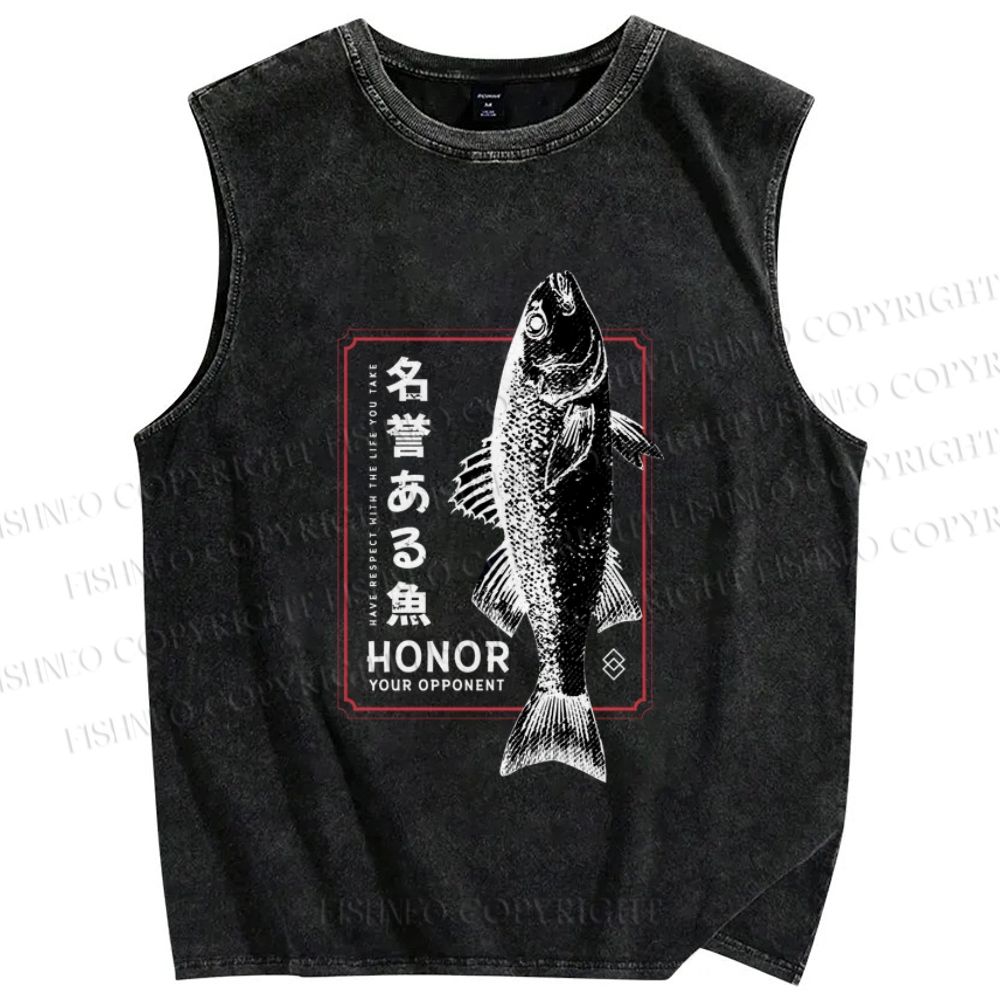 Unisex Fish Printed Washed Tank Top