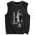 Unisex Fish Printed Washed Tank Top
