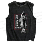 Unisex Fish Printed Washed Tank Top