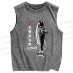 Unisex Fish Printed Washed Tank Top