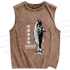 Unisex Fish Printed Washed Tank Top