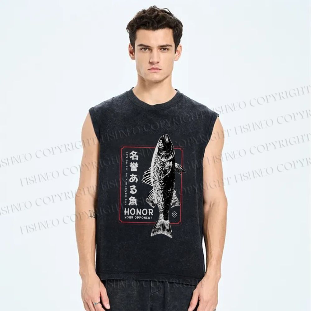 Unisex Fish Printed Washed Tank Top
