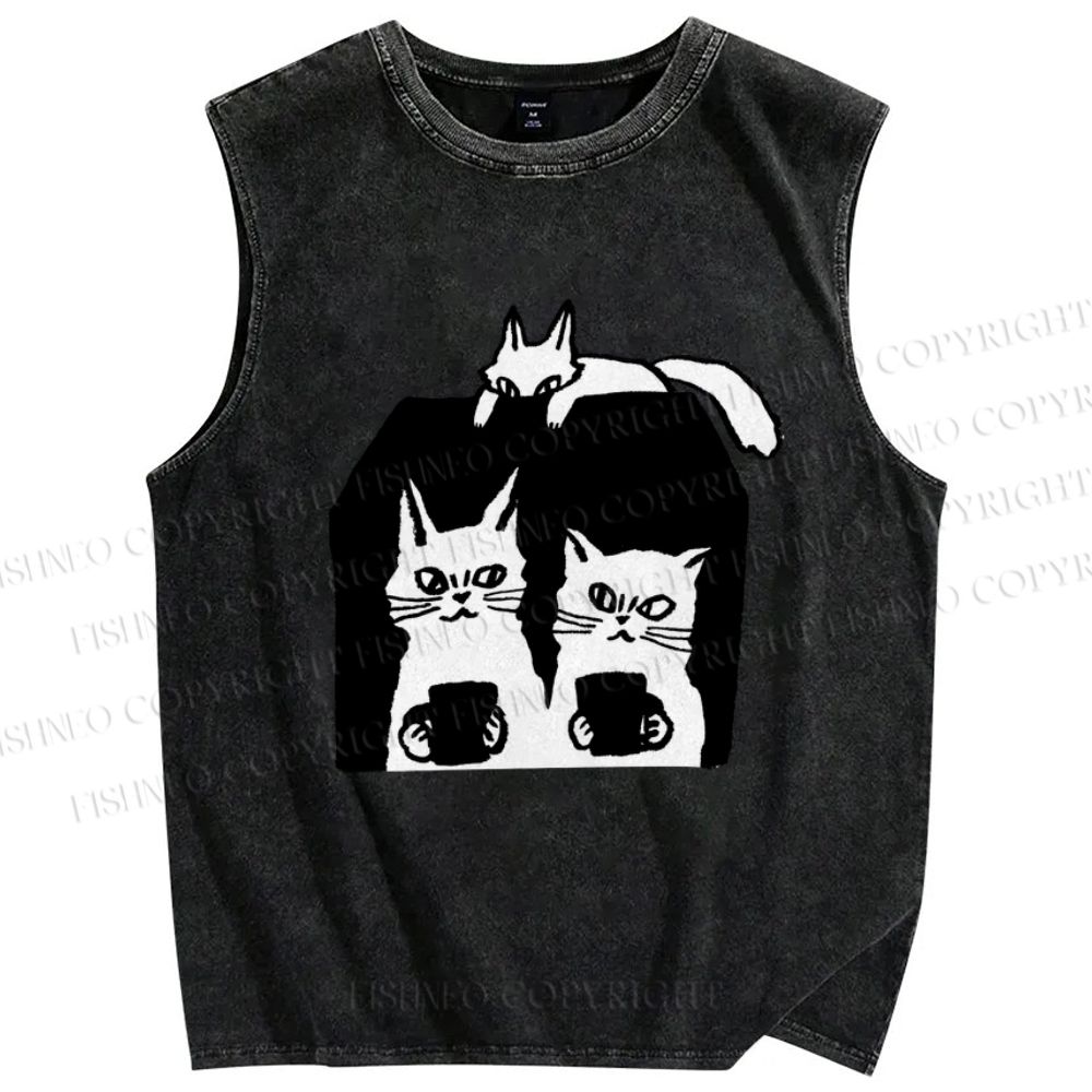 Unisex Cat Printed Washed Tank Top