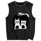 Unisex Cat Printed Washed Tank Top