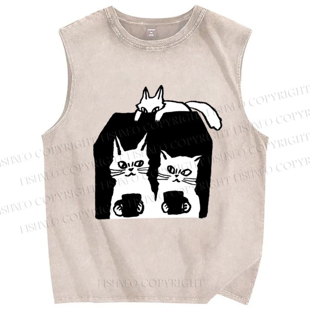 Unisex Cat Printed Washed Tank Top