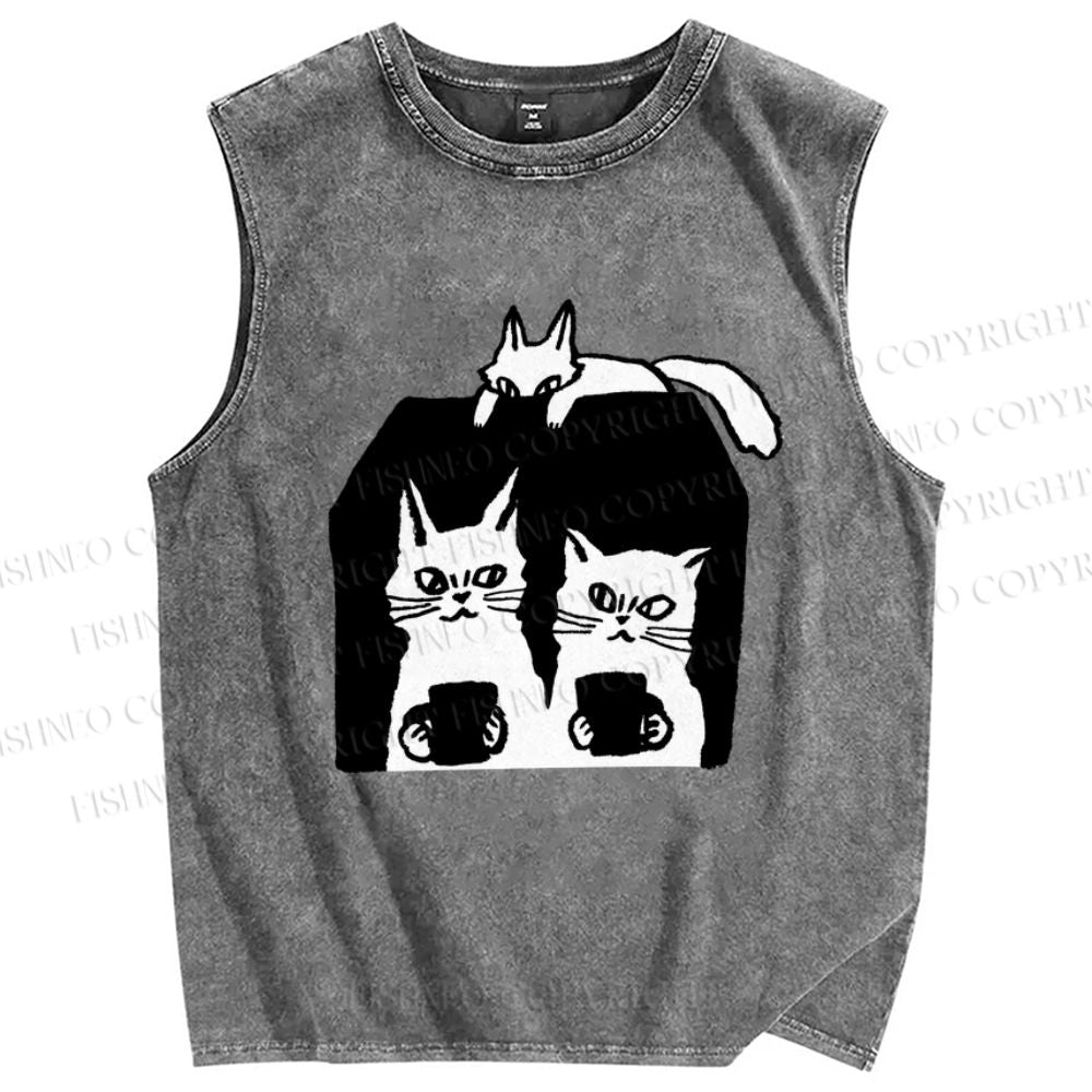 Unisex Cat Printed Washed Tank Top