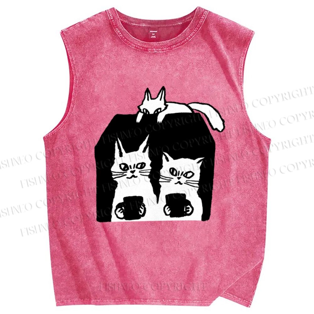 Unisex Cat Printed Washed Tank Top