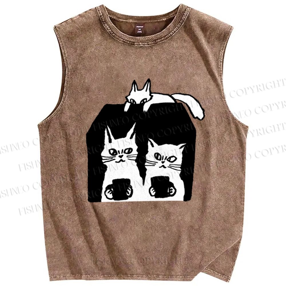 Unisex Cat Printed Washed Tank Top