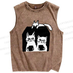 Unisex Cat Printed Washed Tank Top