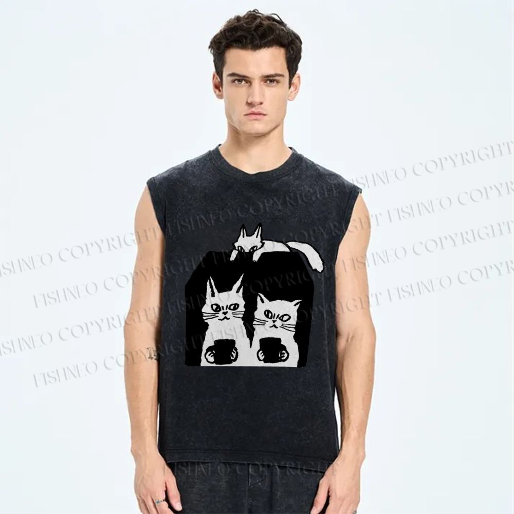 Unisex Cat Printed Washed Tank Top