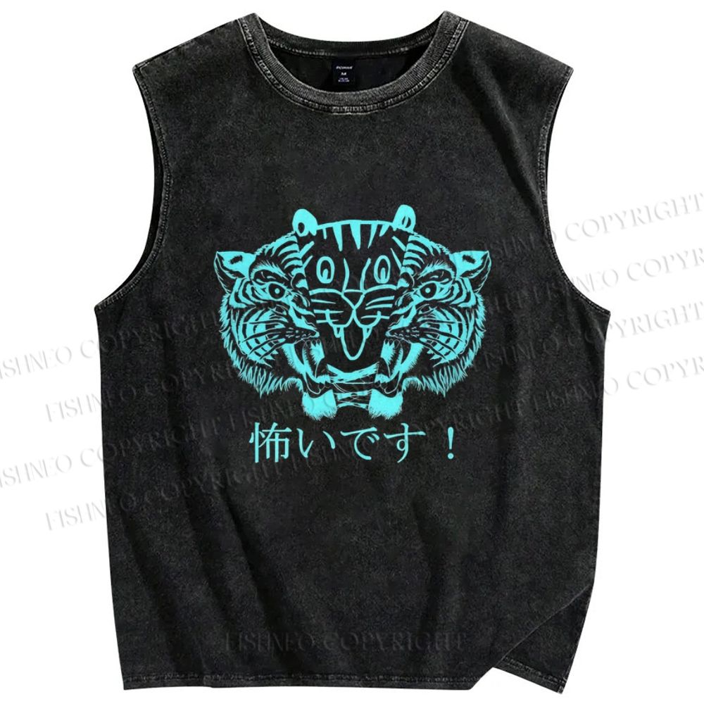 Unisex Tiger Printed Washed Tank Top