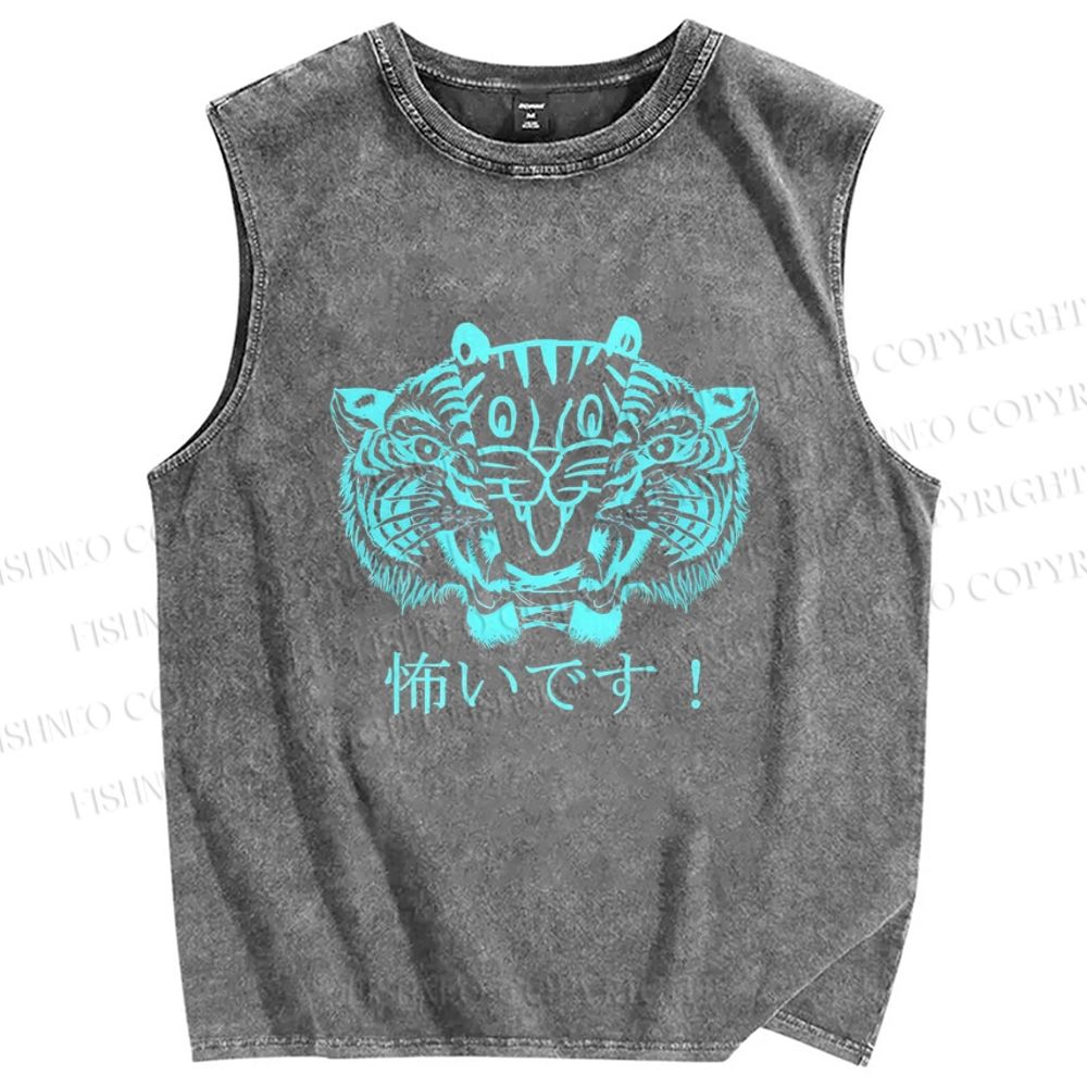 Unisex Tiger Printed Washed Tank Top