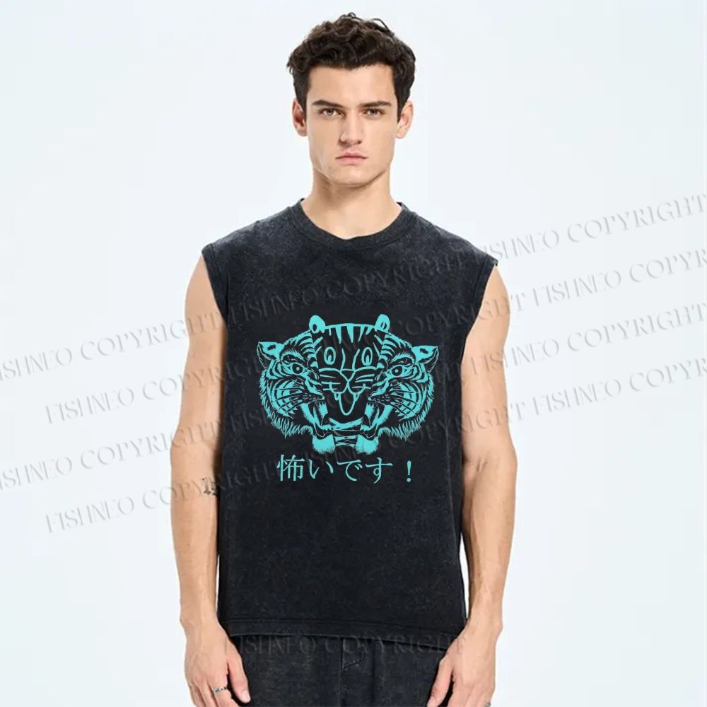 Unisex Tiger Printed Washed Tank Top