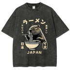 Retro Capybara Eating Ramen Japanese Washed T-Shirt