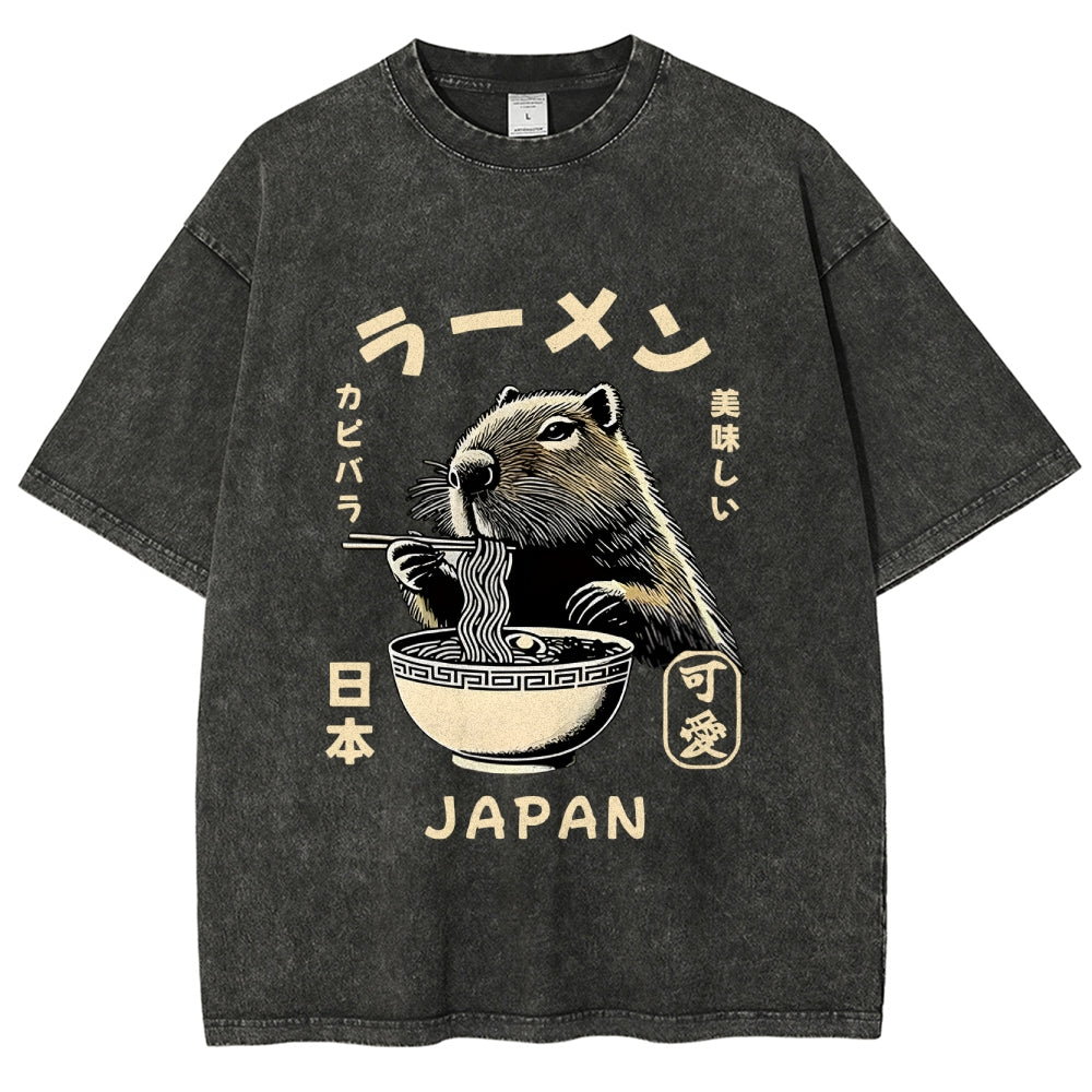 Retro Capybara Eating Ramen Japanese Washed T-Shirt