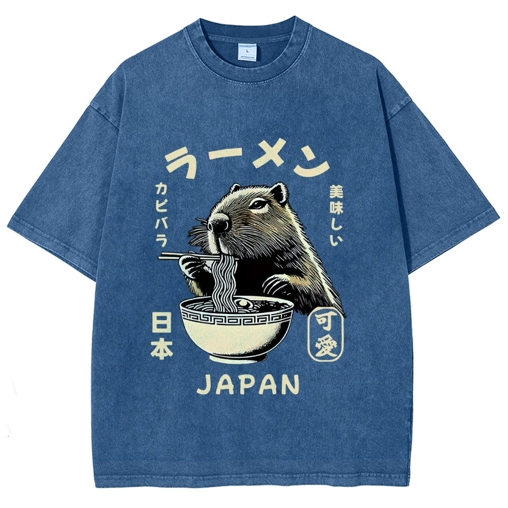 Retro Capybara Eating Ramen Japanese Washed T-Shirt