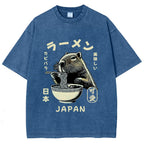 Retro Capybara Eating Ramen Japanese Washed T-Shirt