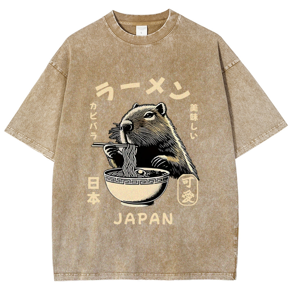 Retro Capybara Eating Ramen Japanese Washed T-Shirt