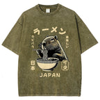 Retro Capybara Eating Ramen Japanese Washed T-Shirt