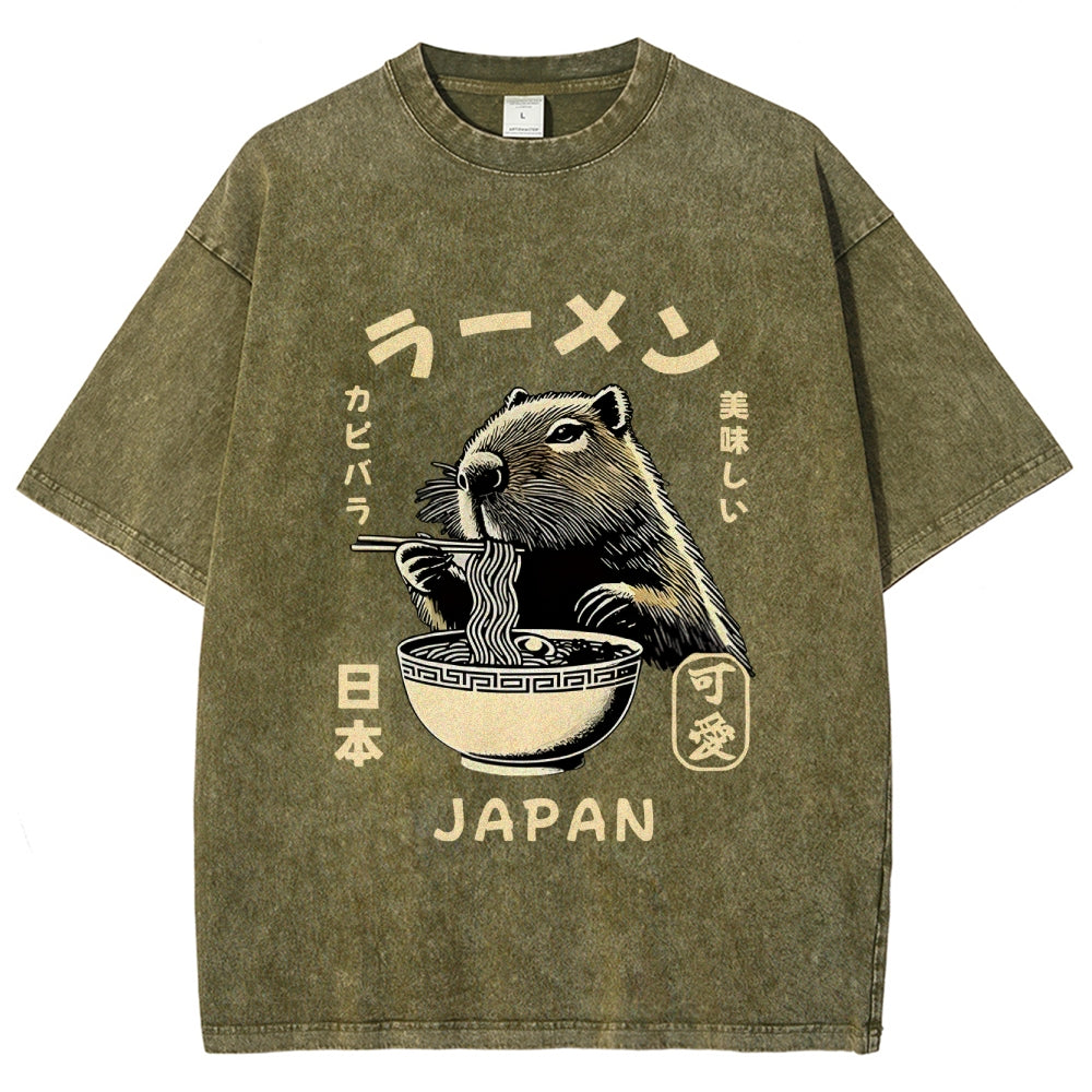 Retro Capybara Eating Ramen Japanese Washed T-Shirt