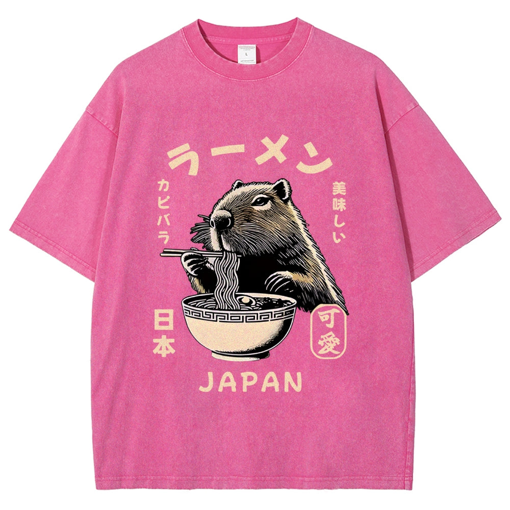Retro Capybara Eating Ramen Japanese Washed T-Shirt