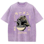 Retro Capybara Eating Ramen Japanese Washed T-Shirt