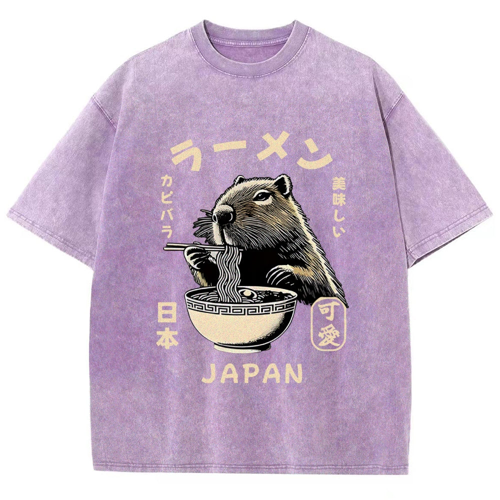 Retro Capybara Eating Ramen Japanese Washed T-Shirt