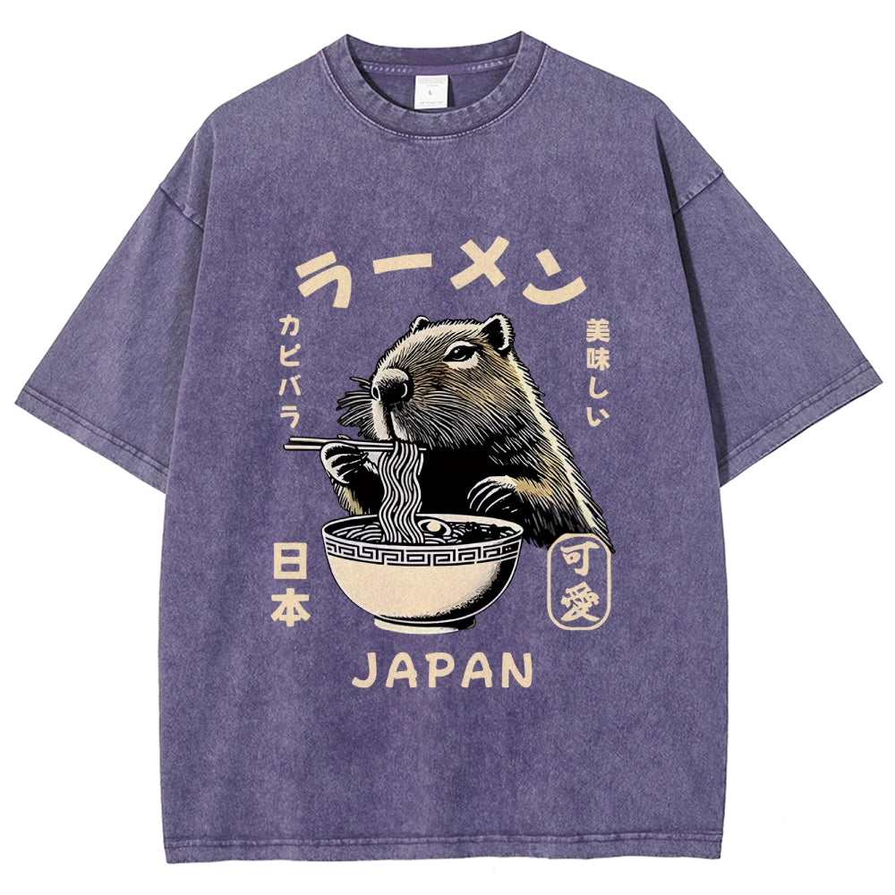 Retro Capybara Eating Ramen Japanese Washed T-Shirt