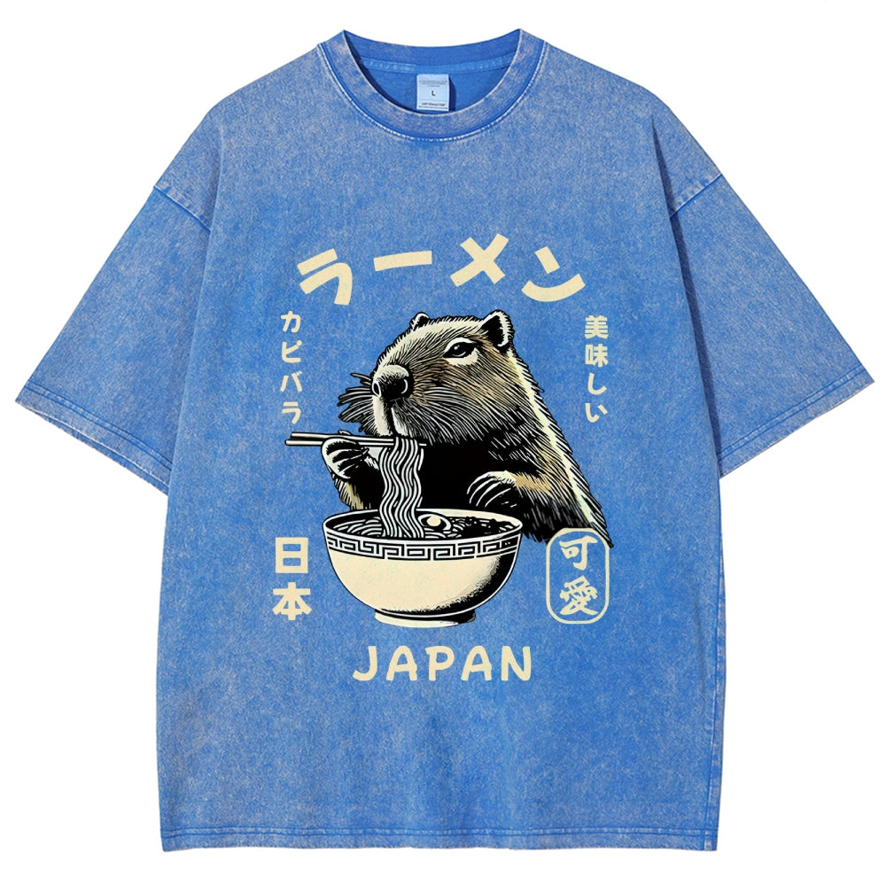 Retro Capybara Eating Ramen Japanese Washed T-Shirt
