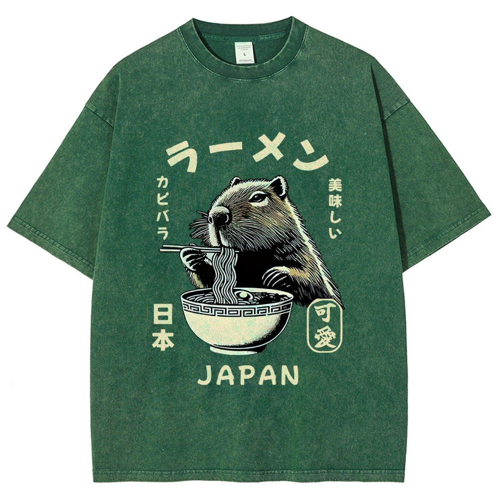 Retro Capybara Eating Ramen Japanese Washed T-Shirt