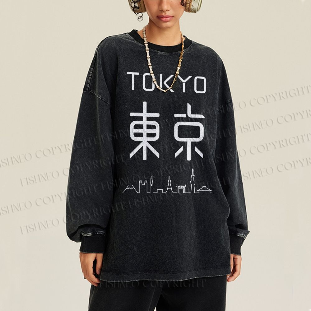 Unisex Casual Washed Tokyo Printed Long Sleeve T-shirt