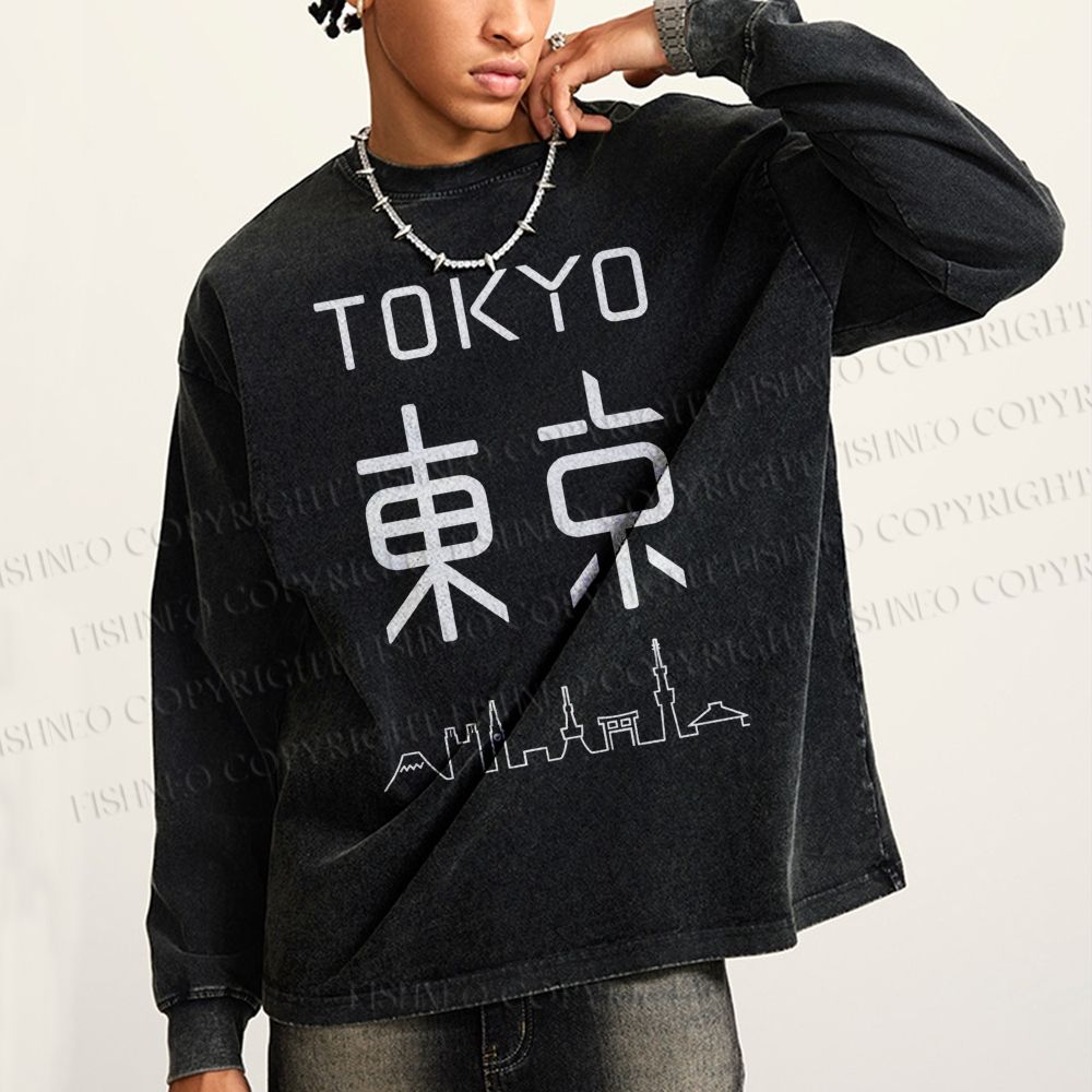 Unisex Casual Washed Tokyo Printed Long Sleeve T-shirt