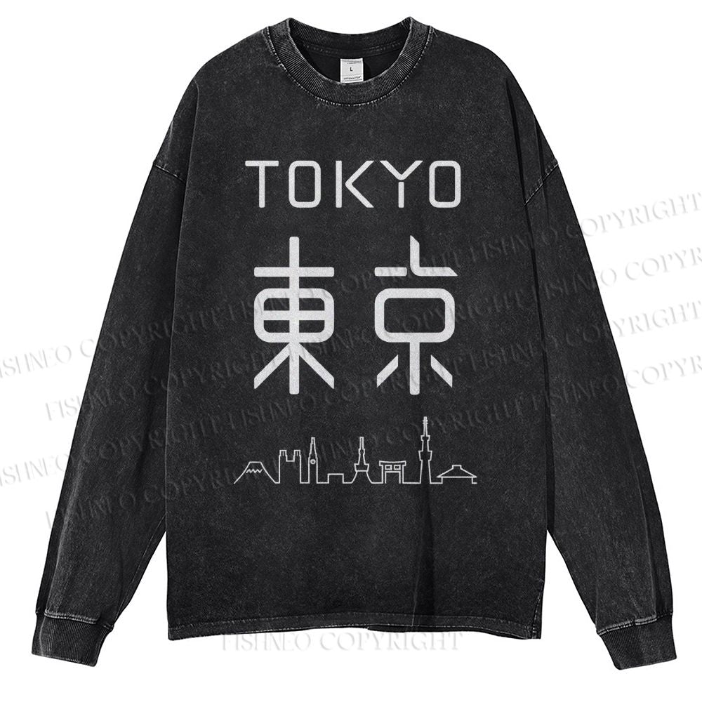 Unisex Casual Washed Tokyo Printed Long Sleeve T-shirt