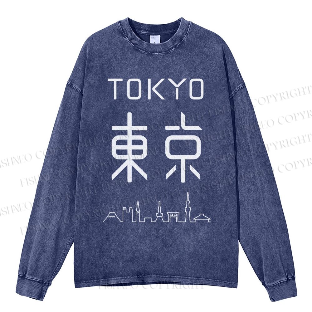 Unisex Casual Washed Tokyo Printed Long Sleeve T-shirt