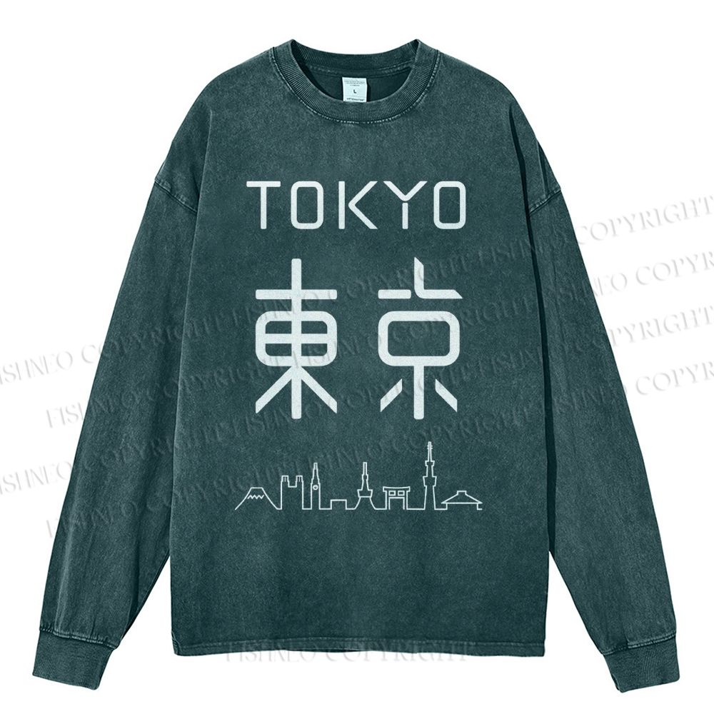 Unisex Casual Washed Tokyo Printed Long Sleeve T-shirt